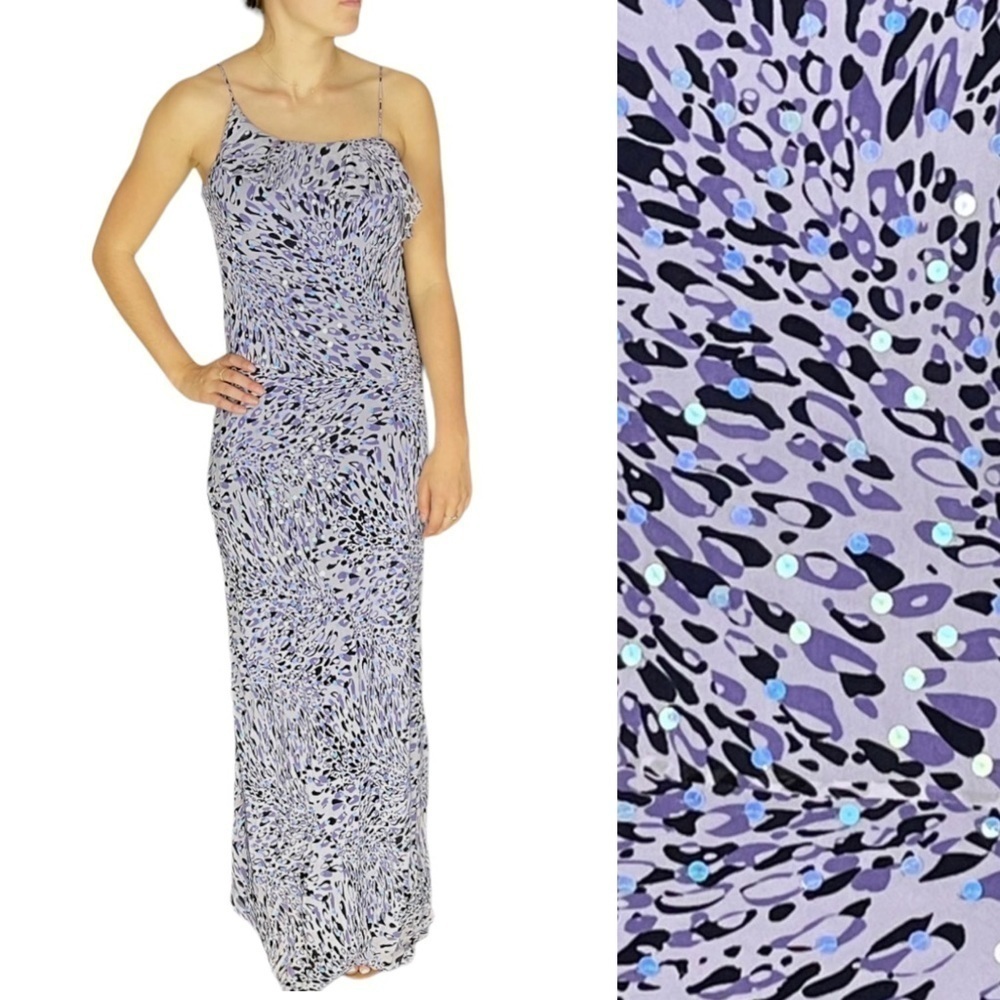 NICOLE MILLER 100% SILK ABSTRACT LEOPARD SEQUIN RUFFLE SPAGHETTI STRAP GOWN
